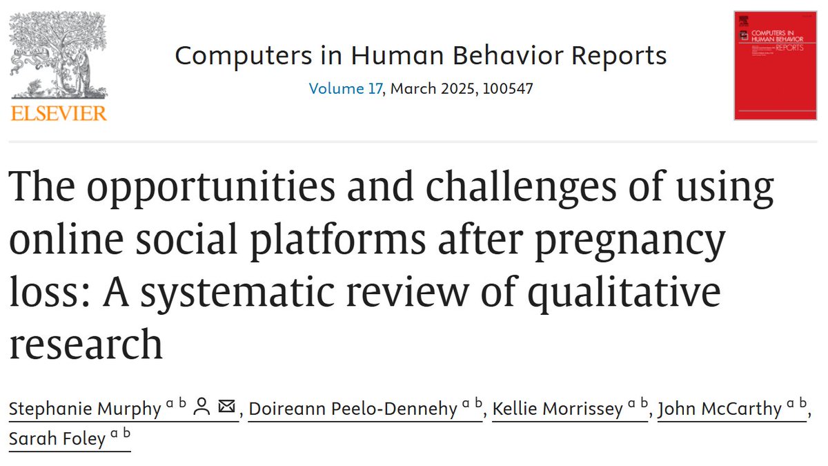 Stephanie Murphy (@steph_murphy_98) on Twitter photo Happy to share that our new publication, "The opportunities and challenges of using online social platforms after pregnancy loss: A systematic review of qualitative research" is now available online
<a href="/Sarah_Foley_/">Sarah Foley</a> <a href="/DoireannPeelo/">Doireann Peelo (She/Her)</a> <a href="/AppPsychUCC/">Applied Psychology UCC</a>
Access here: doi.org/10.1016/j.chbr… Happy to share that our new publication, "The opportunities and challenges of using online social platforms after pregnancy loss: A systematic review of qualitative research" is now available online
<a href="/Sarah_Foley_/">Sarah Foley</a> <a href="/DoireannPeelo/">Doireann Peelo (She/Her)</a> <a href="/AppPsychUCC/">Applied Psychology UCC</a>
Access here: doi.org/10.1016/j.chbr…