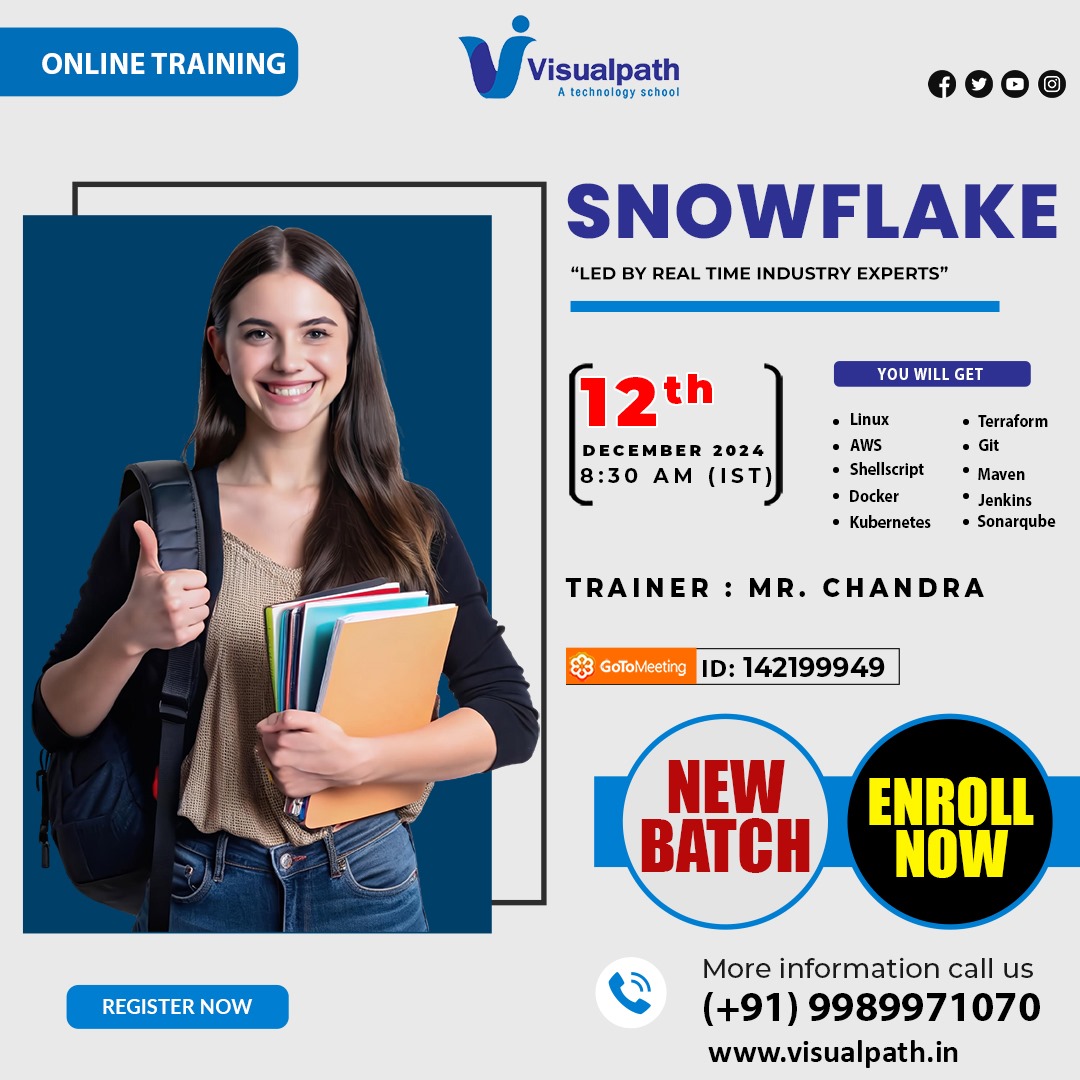 VisualpathPro's tweet photo. Join Now: https://t.co/ijEOrlMM6m
Attend Online #newbatch on #Snowflake Course
Batch on: 12th December, 2024@ 08:30 AM (IST)
Call us: +91 9989971070
WhatsApp: https://t.co/n8JEQbFPM7
Visit: https://t.co/xdkDMmlNrl
#onlinetraining #etl #dbt #matillion #software #ITSkills https://t.co/QlqEevFkGX