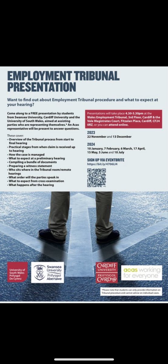 Want to know more about Employment Tribunal procedure and what to expect at your hearing? See details of a FREE session on 11th December at 4.30pm at Cardiff Employment Tribunal/ online 👇