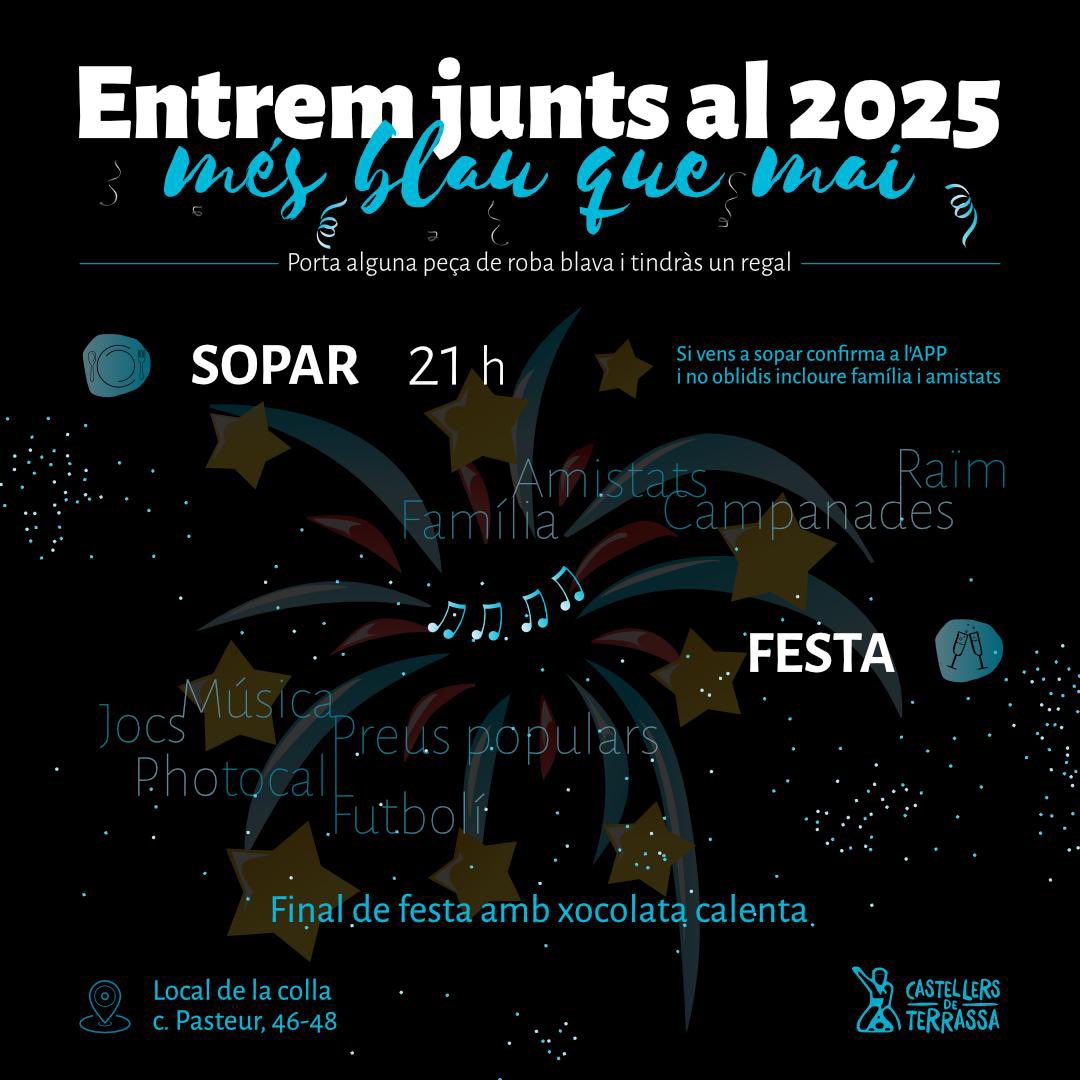 CDTerrassa's tweet photo. Enguany, tornem a celebrar la Festa de Cap d’Any a casa!🥳

Vine al local, sopem en germanor i després… festa!💃🕺
Si vens amb una peça blava, tens sorpresa!👔✨

Per un 2025 més blau que mai!🫂🩵

Apunteu l’assistència a l’App!📲

#entremjuntsal2025 #mésblauquemai #terrassa https://t.co/dfzlUOSCzN