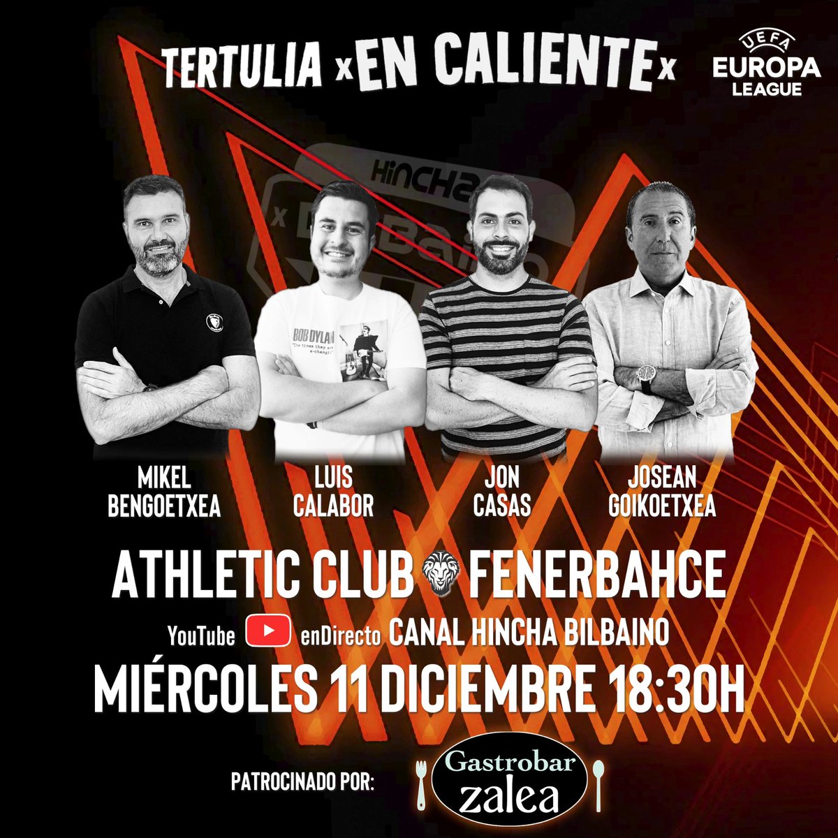 📆 Miércoles 11 Dic. (18:30 h.)

Al terminar el partido
<a href="/Fenerbahce/">Fenerbahçe SK</a> - <a href="/AthleticClub/">Athletic Club</a>

🇦🇹 Tertulia athleticzale #EnCaliente

💻 YouTube canal #HinchaBilbaino

👥 Contertulios: #MikelBengoetxea, <a href="/LuigiCalabor/">Luis Calabor Núñez</a>, <a href="/JonKa14/">JonKa</a> y #JoseanGoikoetxea

👉🏻 Patrocina GASTROBAR ZALEA

#EuropaLeague