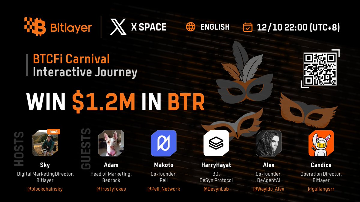Bitlayer BitVM (@bitlayerlabs) on Twitter photo 🎉 Get Ready for the Bitlayer BTCFI Carnival AMA! 🎉
⏰Time: Dec 10, 10:00 PM,UTC+8
🖇️Link: x.com/i/spaces/1lDxL…
🎙️Host:
<a href="/blockchainsky_/">Sky Harris</a>,Digital Marketing Director, <a href="/BitlayerLabs/">Bitlayer BitVM</a>
📡Guests:
Adam <a href="/frostyfoxes/">Adam W. | Bedrock</a>,Head of Marketing,<a href="/Bedrock_DeFi/">Bedrock | BR is LIVE</a>
Makoto,Co-founder,<a href="/Pell_Network/">Pell Network | BTC Restaking</a> 🎉 Get Ready for the Bitlayer BTCFI Carnival AMA! 🎉
⏰Time: Dec 10, 10:00 PM,UTC+8
🖇️Link: x.com/i/spaces/1lDxL…
🎙️Host:
<a href="/blockchainsky_/">Sky Harris</a>,Digital Marketing Director, <a href="/BitlayerLabs/">Bitlayer BitVM</a>
📡Guests:
Adam <a href="/frostyfoxes/">Adam W. | Bedrock</a>,Head of Marketing,<a href="/Bedrock_DeFi/">Bedrock | BR is LIVE</a>
Makoto,Co-founder,<a href="/Pell_Network/">Pell Network | BTC Restaking</a>