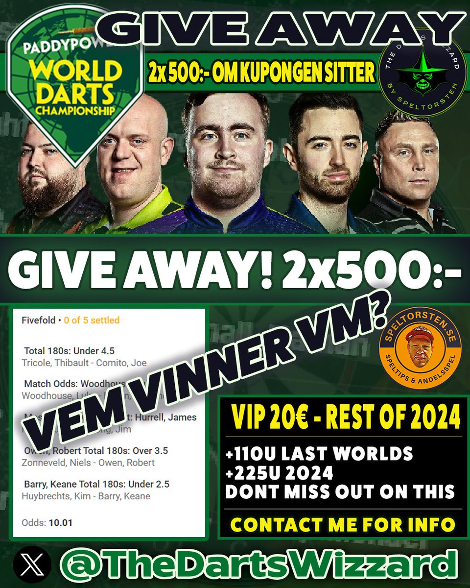 SpelTorsten's tweet photo. 🚨 💸 UTLOTTNING 1000:- 💸 🚨

Vi närmar oss 1500 följare och Dart-VM. Det firar vi med en UTLOTTNING. Sitter denna så lottar jag ut 1.000SEK (2x500:-) till någon som gjort följande:

⭐ Följ @SpelTorsten & @TheDartsWizzard
❤️ Gillar inlägget ❤️
💬 Kommenterar vem ni tror vinner hela turneringen

(VARJE DAG LOTTAS EN VIP-PLATS TILL FÖRSTA RUNDAN I VM UT BLAND KOMMENTARERNA FRAM TILL JULAFTON)

#PDC #GiveAway #DartsBetting #Darts #DartsTwitter #Bettingstips #Freebetsinlägget