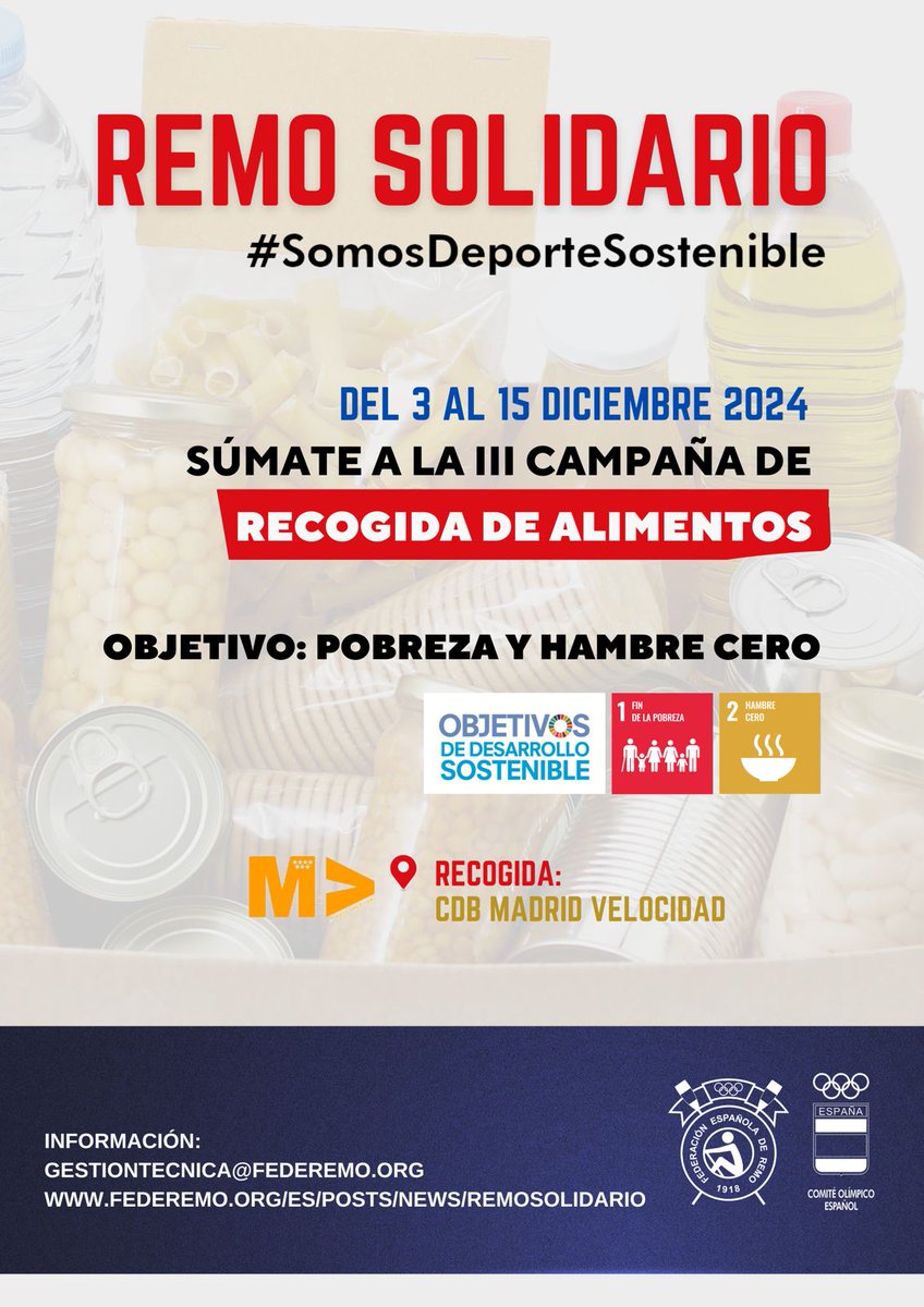 Nos unimos a la Campaña Remo Solidario organizada por la Federación Española de Remo 

Del 3 al 15 de diciembre recogeremos alimentos no perecederos. Necesitamos de vuestra colaboración para conseguir legumbres, pasta, arroz, leche, aceite, etc. 

#somosdeportesostenible