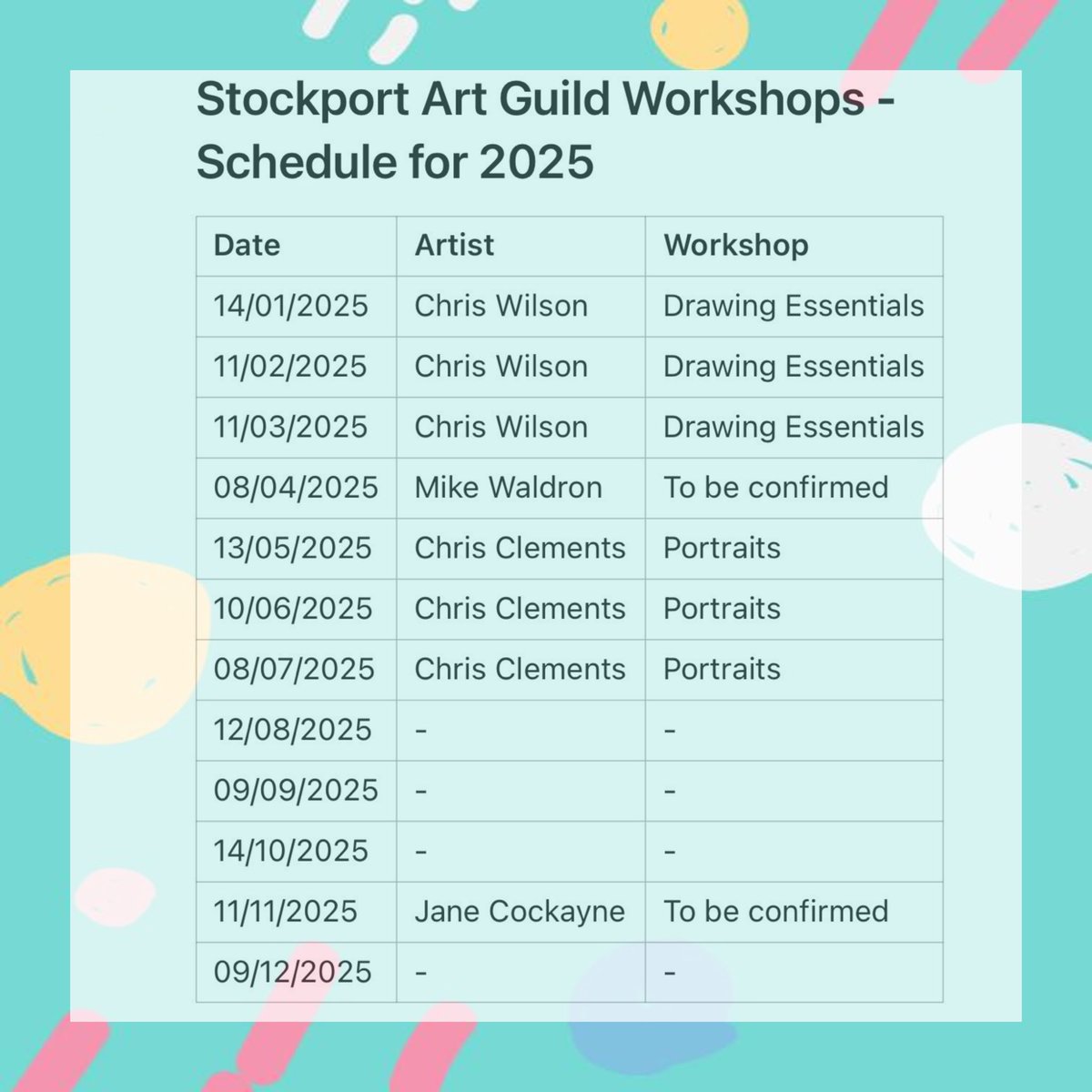 <a href="/StkptArtGuild/">Stockport Art Guild</a> 
Stockport Art Guild Workshops - Schedule for 2025.