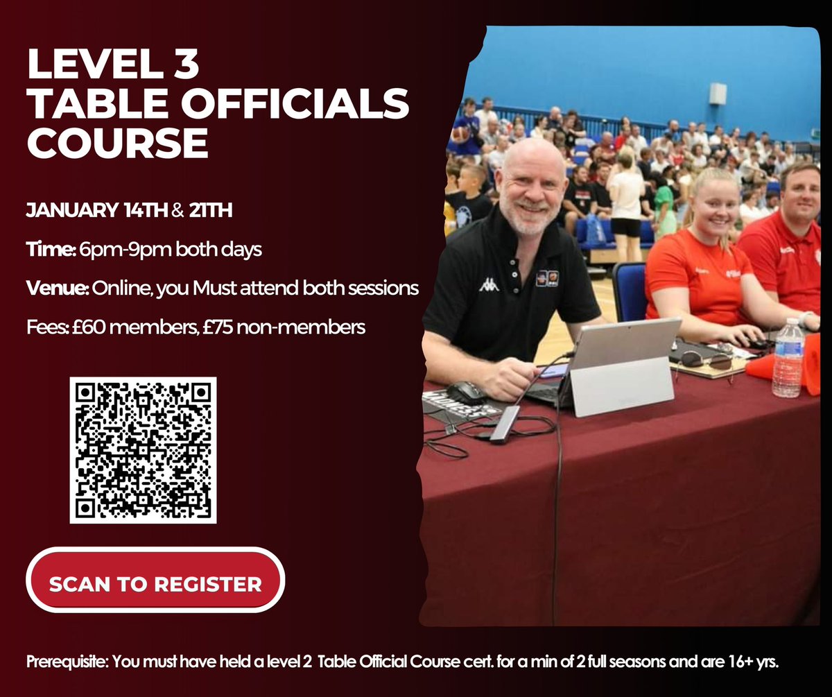 🏀 Level 3 Table Officials Course!

📅 January 14th &amp; 21st (6–9 PM)
📍 Online – Must attend both sessions
💷 £60 members | £75 non-members

📲 Scan the QR code or click the link ( basketballwales.sport80.com/v/872044/e/cou…) to register now! Limited spots available.