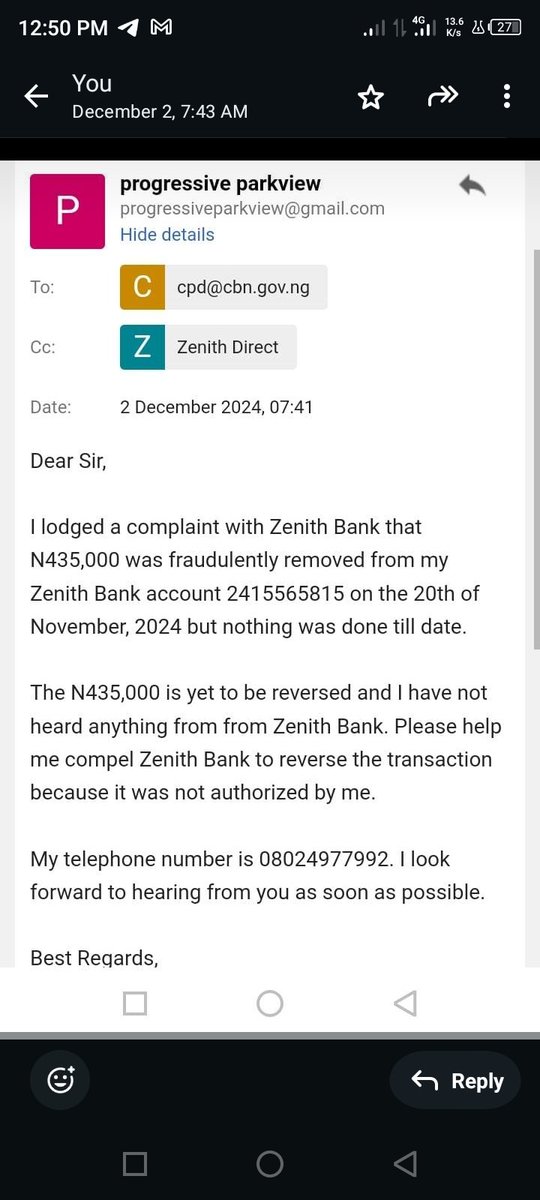 EstateParkview's tweet photo. N435,000 was withdrew by an unknown person from my @ZenithBank acc. 2415565815 on 20th of Nov. 2024. I wrote a mail to d bank &amp; @cenbank but no reply to my mails. This made me to try making noise on Twitter. Pls reverse d unauthorized transaction asap! A beg ooooo! https://t.co/GdzSm9HbtL