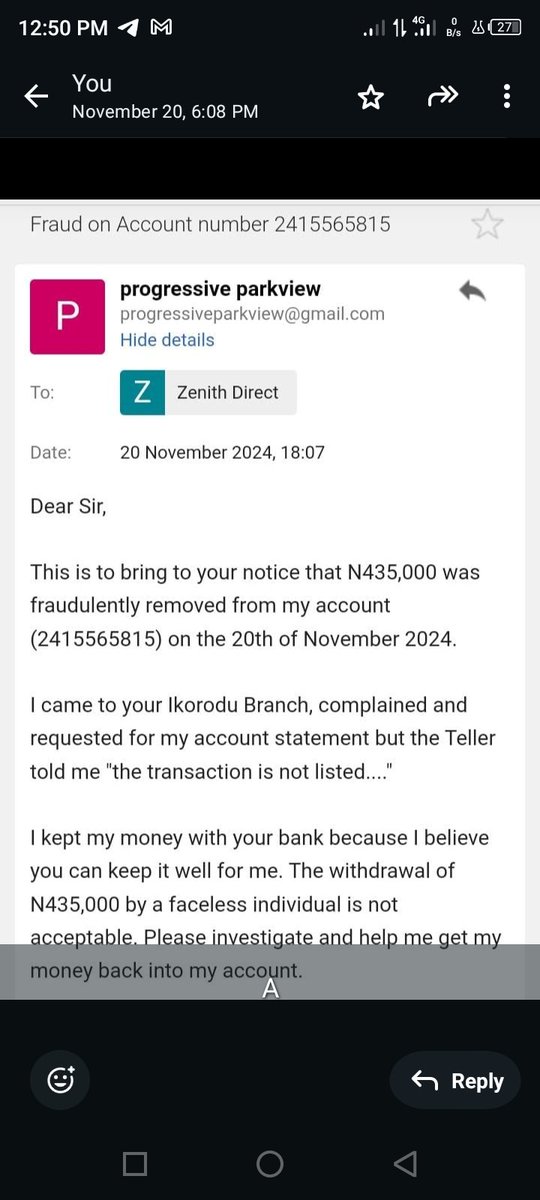 EstateParkview's tweet photo. N435,000 was withdrew by an unknown person from my @ZenithBank acc. 2415565815 on 20th of Nov. 2024. I wrote a mail to d bank &amp; @cenbank but no reply to my mails. This made me to try making noise on Twitter. Pls reverse d unauthorized transaction asap! A beg ooooo! https://t.co/GdzSm9HbtL