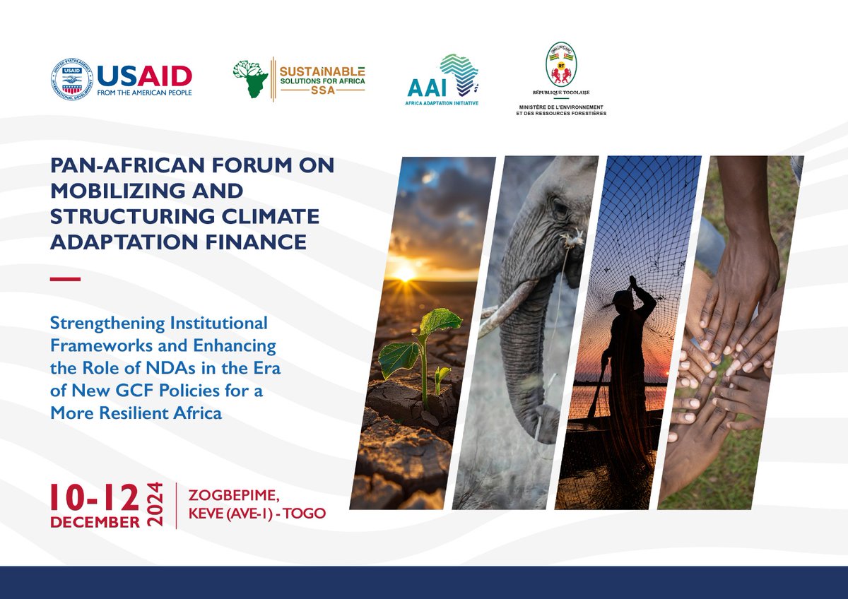 AfricaAAI's tweet photo. The Pan-African Forum on Mobilizing and Structuring Climate Adaptation Finance is in full steam in Zogbepime, Togo. 
Starting today the 10th until 12th of December 2024.

The fourth GCF NDA Forum provides African NDAs with practical insights and strategic guidance to enhance their capacity to mobilize climate finance and strengthen institutional resilience. Key topics include accreditation, readiness, strategic planning, and fostering PanAfrican collaboration. 

🌍 Day 1: Setting the Stage and Strengthening Institutional Capacity for Climate Finance  🌱

On the programme

🚩 The participation of Togo's Minister of Environment and Forestry Resources offering opening the statement, along with representatives of the CASA program, SSA, and AAI, highlighting the forum's objectives and the importance of strengthening the capacities of DNAs (Designated National Authorities), emphasizing the forum’s objectives and the importance of building NDA capacity. 

🚩 Followed by a review of the forum's goals, the expected outcomes, and the agenda to set a clear focus for participants. 

🚩 Participants are invited to share individual expectations, and discuss country-specific challenges related to accessing GCF climate finance. 

🚩 The Africa Adaptation Initiative (AAI) after providing an overview of AAI’s recent initiatives and progress, will highlight alignment with GCF objectives to support NDAs in Africa. 

🚩 Representatives of the CASA Program will dive into CASA’s capacity-building support for adaptation in Africa, including success stories and collaborative experiences. 

🚩 THEME TALK on Institutional Strengthening of NDAs in a Changing GCF Context.

🚩 A focused discussion on strategies for resilient institutions, emphasizing adaptive management, inter-institutional collaboration, and alignment with evolving GCF priorities. 

🚩 Revised Readiness Modality: Presentation on the updated GCF readiness approach, with guidance on accessing readiness support, planning best practices, and strategies for effective proposal development. 

#AfricanClimateResilience #ClimateFinance #AdaptationInnovation #Zogbepime2024 #Togo #Africa 

@GIZAfricanUnion @giz_gmbh @PACJA1 @acsea_54 @PeterOdhengo @yaf_africa @luckyabeng @MoMoclimate @oumi_kay @adoumfils86 @Afdanafrica @ECA_OFFICIAL @WMO @AfDB_Group @CGIARAfrica @ClimateEnvoyKe @ecoversetogo  @ConservationOrg @UNmigration @_AfricanUnion @LDCChairUNFCCC @UNFCCC @UNEP @AGRA_Africa @RoseMwebaza @Amref_Worldwide @DestaLakew @martinmuchangi @AfDB_Group @ECA_OFFICIAL @AfricanClimate @sohabenchekroun @PowerShftAfrica @ZitaWilks  @luckyabeng @ZeynWandati @Andebes @AGNESAfrica1 @friphiri