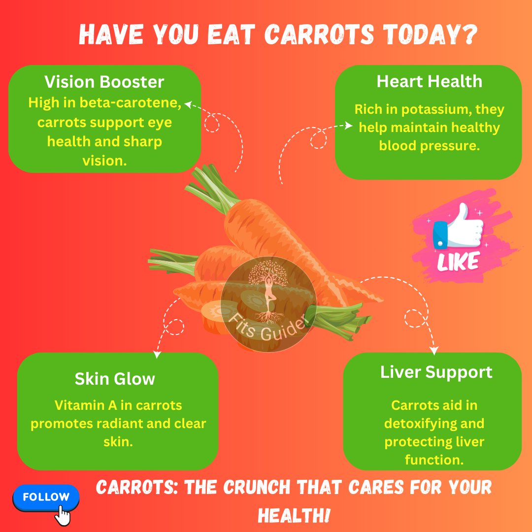 fitsguider's tweet photo. Carrots: the crunchy secret to sharp vision 👁️, glowing skin ✨, a healthy heart ❤️, and liver detox! 🥕 Munch your way to health with this nutrient-packed veggie. #EatHealthy #CarrotLove https://t.co/HA11jpc5SS