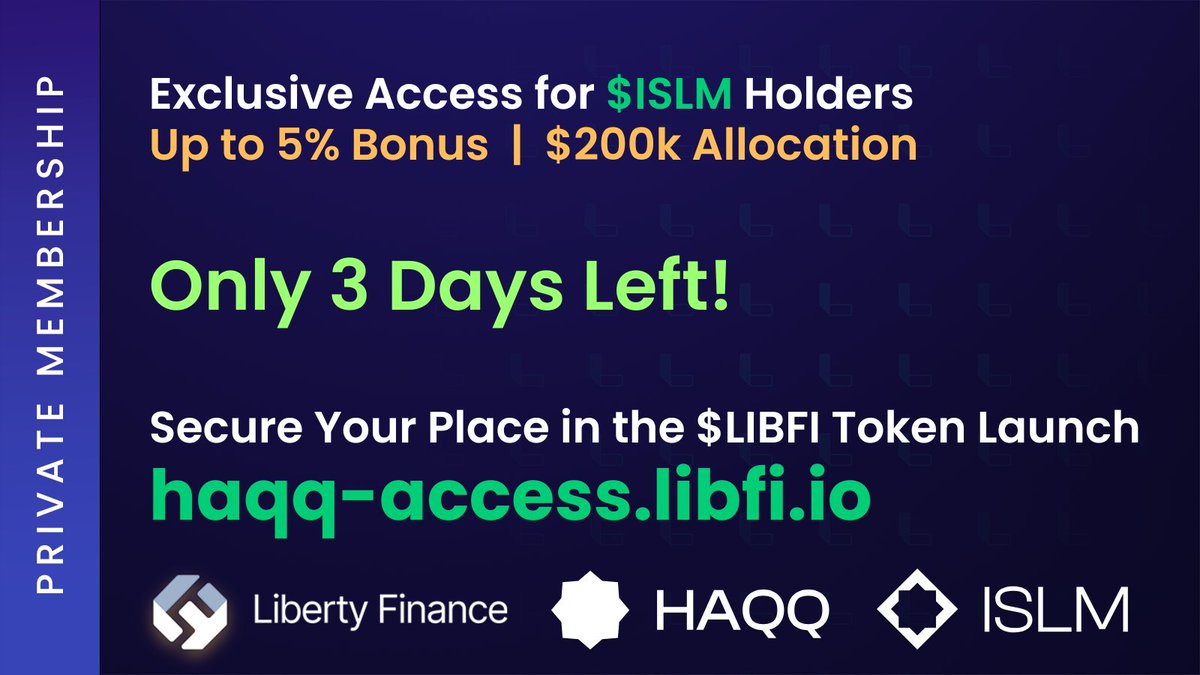 LibFi_ai's tweet image. ⏳ Only 3 Days Left!

$ISLM holders (delegated staking included), don’t miss your chance to participate in the private membership allocation for the upcoming $LIBFI token.

🎁 Bonuses of up to 5%
💰 $200k allocation
🔗 Visit: haqq-access.libfi.io

Act now - this exclusive…