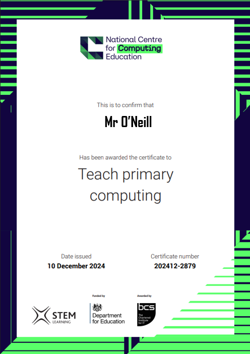MrONeillcompsci's tweet image. 🎉 Just completed the Teach Primary Computing certificate from the NCCE! @WeAreComputing 🖥️📚
This marks the completion of all NCCE programmes ✅✨.
Excited to keep inspiring young minds across all levels of education! 🚀
#ComputingEducation #NCCE #ProfessionalDevelopment