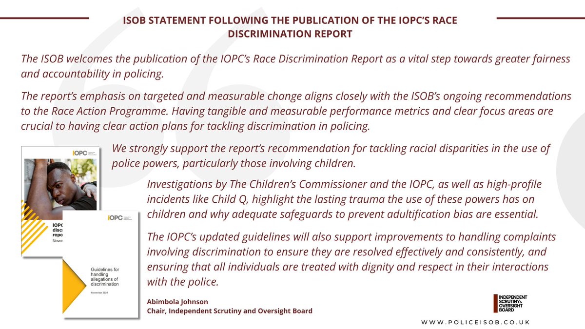 Independent Scrutiny & Oversight Board (@policeisob) on Twitter photo #ICYMI The <a href="/policeconduct/">Independent Office for Police Conduct (IOPC)</a> recently published its Race Discrimination Report, bringing together a body of evidence on race discrimination in policing and calling for change. It also includes updated guidelines for handling discrimination allegations across all protected groups. #ICYMI The <a href="/policeconduct/">Independent Office for Police Conduct (IOPC)</a> recently published its Race Discrimination Report, bringing together a body of evidence on race discrimination in policing and calling for change. It also includes updated guidelines for handling discrimination allegations across all protected groups.