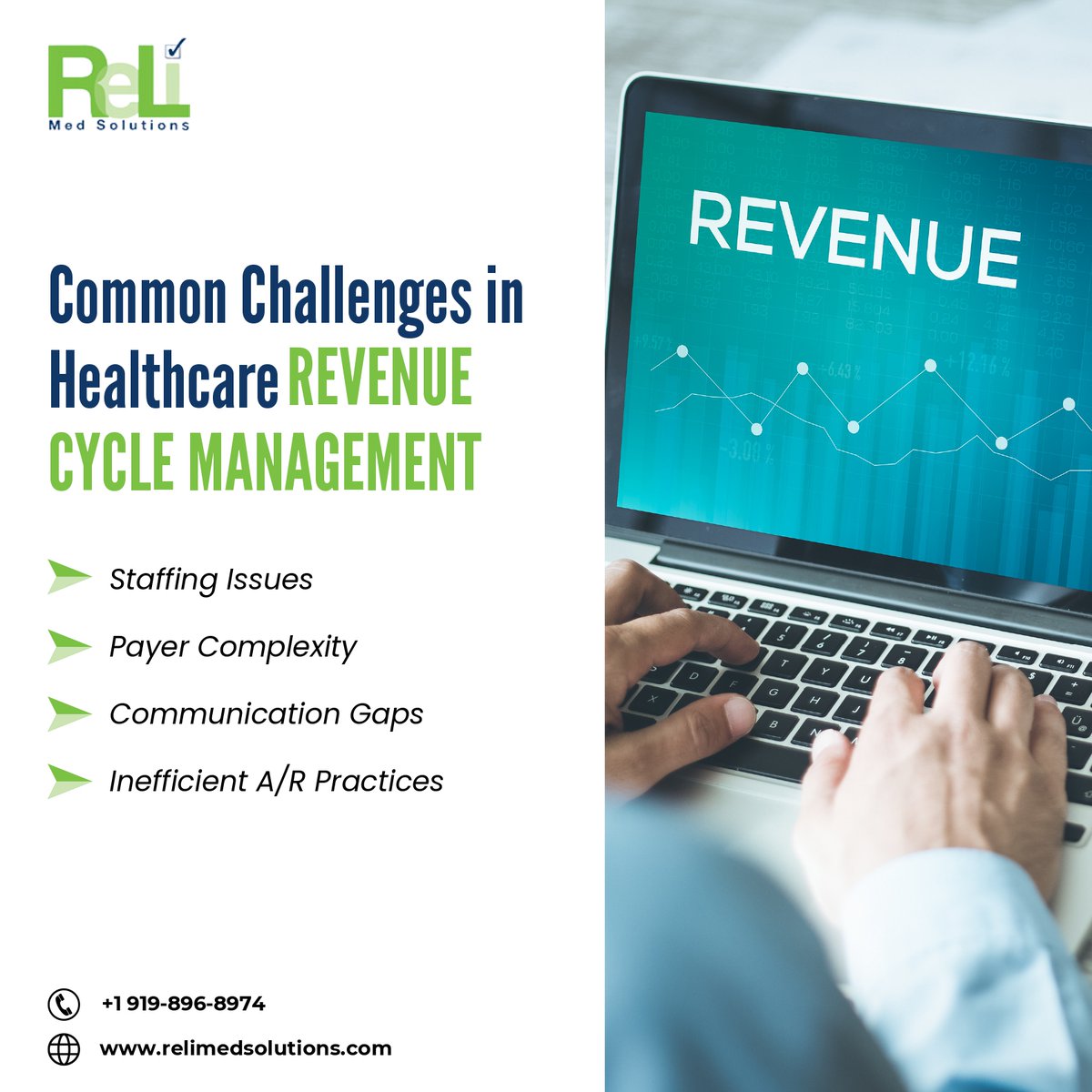 Relimed's tweet image. ReLi Med Solutions can help solve staffing issues, manage payment problems, and improve communication.

#HealthcareRCM #RCMChallenges #RCMSimplified #RCMOptimization #BillingEfficiency #RevenueOptimization #ReLiMedSolutions