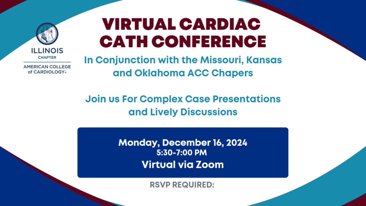 IllinoisACC's tweet photo. 🔔 One week to go! Don’t miss the ILACC Virtual Cath Conference Series on Dec. 16, with the ACC Chapters of Illinois, Missouri, Kansas, & Oklahoma! Join us for case-based discussions on Cath Lab challenges. 🩺
👉 RSVP: https://t.co/t2FvG3benY
#ILACC #CathConference https://t.co/IMmiE847ST