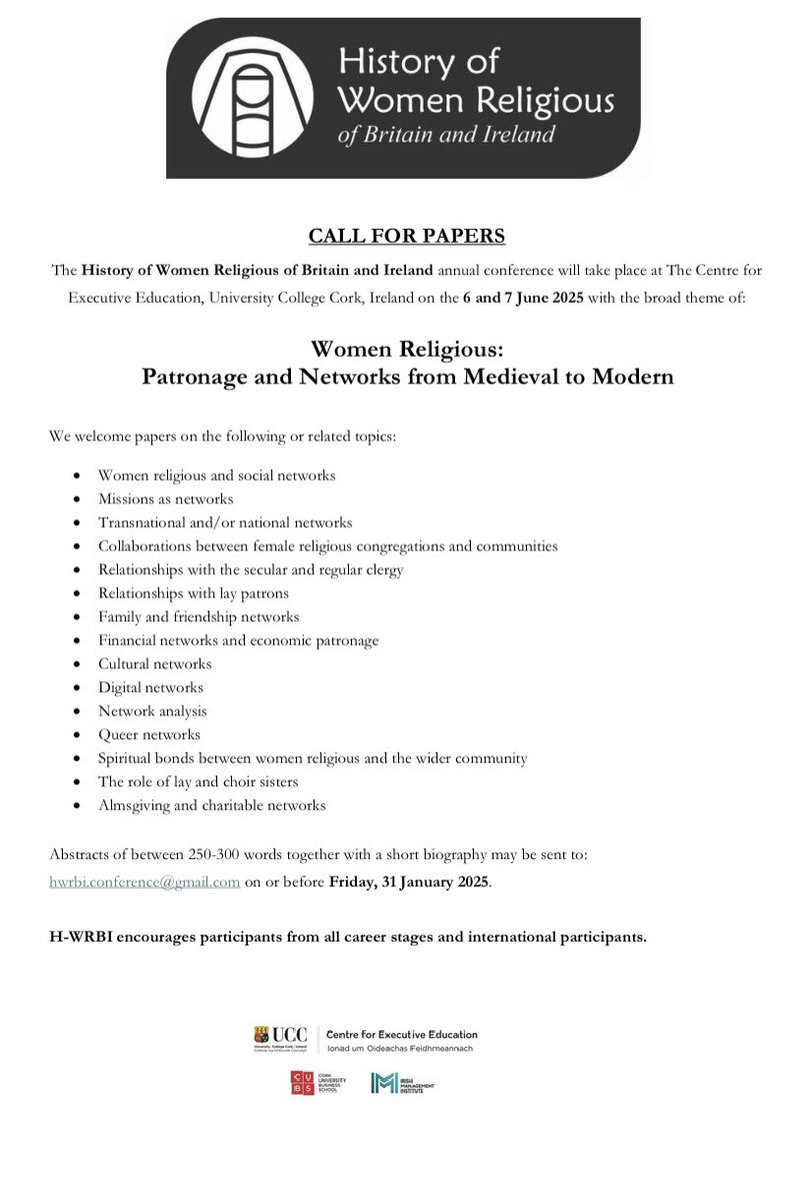 Victoria Anne Pearson (@vpearsonduffy) on Twitter photo 🔔 <a href="/H_WRBI/">History of Women Religious of Britain and Ireland</a> CORK 2025 🔔
The <a href="/H_WRBI/">History of Women Religious of Britain and Ireland</a> annual conference will take place in Cork on 6-7 June 2025.
We would be delighted to see you there…come along to give a paper or to join in the conversation! 🔔 <a href="/H_WRBI/">History of Women Religious of Britain and Ireland</a> CORK 2025 🔔
The <a href="/H_WRBI/">History of Women Religious of Britain and Ireland</a> annual conference will take place in Cork on 6-7 June 2025.
We would be delighted to see you there…come along to give a paper or to join in the conversation!