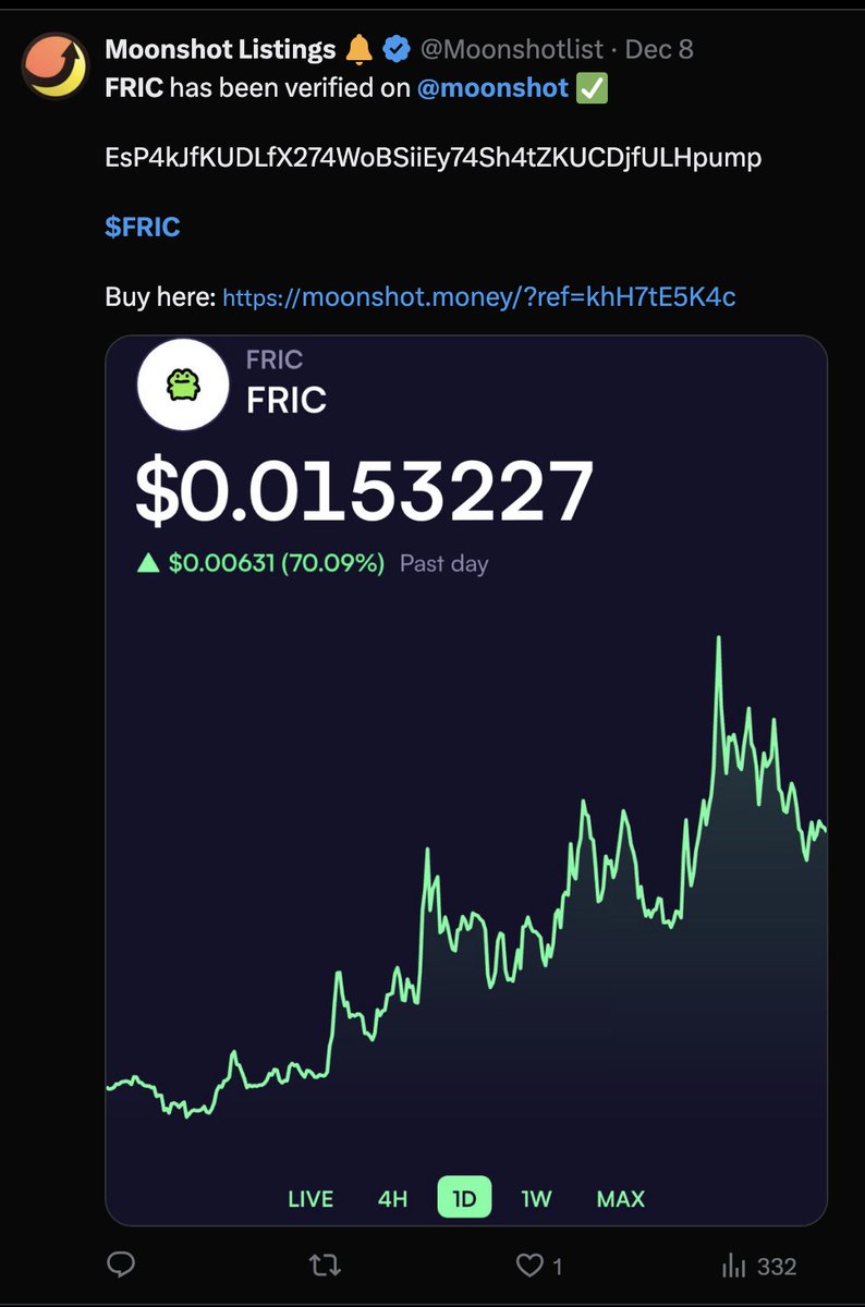 更新： 两个预测，对错五五开。 猜中了$FRIC 会上moonshot, 猜错的是：不是在3 天内上，而是延迟了15 天才上。 个人想法： fric  确实有特色，但交易量在上线