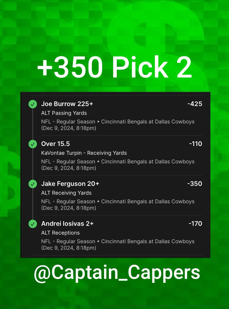 Captain_Cappers's tweet photo. ‼️ Bangggg ‼️ 

What a great way to end NFL Week 14 on MNF. We are now 3-3 on the Best Bet and starting to heat up. Make sure to follow to see all our picks for free.

Best Bet ✅ 
+350 Pick 2 ✅ 

#GamblingX #GamblingTwitter #NFL #nflparlay #bet #Cashout https://t.co/Dp0L0oPWNS