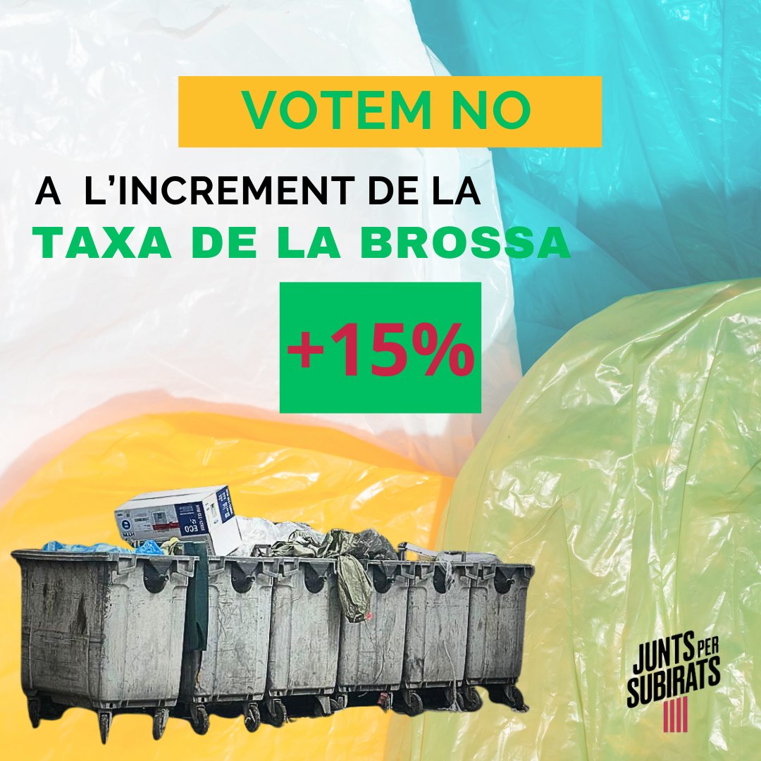 Impuls_Subirats's tweet photo. Aquest 2025, el rebut de la brossa s'incrementa un 15% a #Subirats
Tot i que Europa diu que el ciutadà ha de cobrir el 100% del servei, l’increment es podria compensar amb la rebaixa d’altres #tributs que fins ara servien per a complimentar-ne el cost.
#ordenancesfiscals https://t.co/0rfM4Fglx8