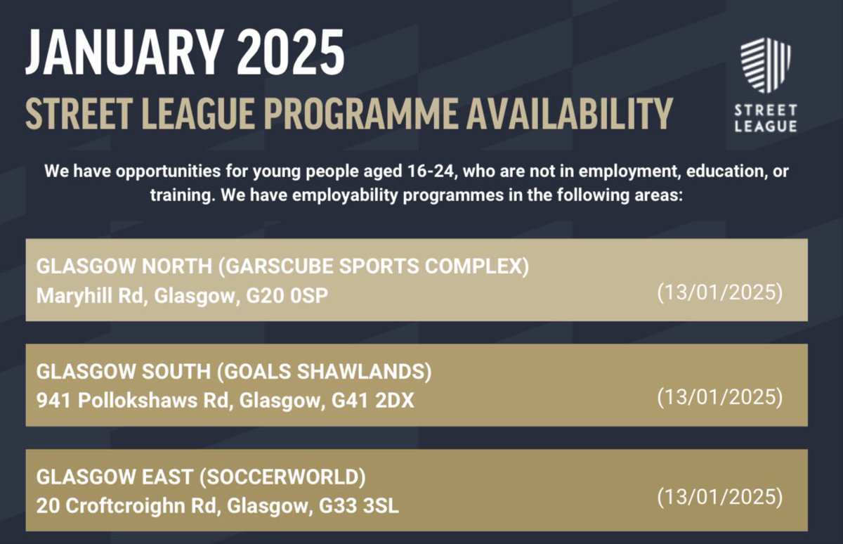 🙌🏻NEW YEAR NEW PROGRAMMES🙌🏻

If you are:
*16-24*   
*Enjoy sport*
*Not working or in education✏️📚* 
(AND)
*Get paid £55 a week*

This is the course for you! We have courses all over Glasgow.

Get in touch today!
(Details below)👇

Any RTs are appreciated!