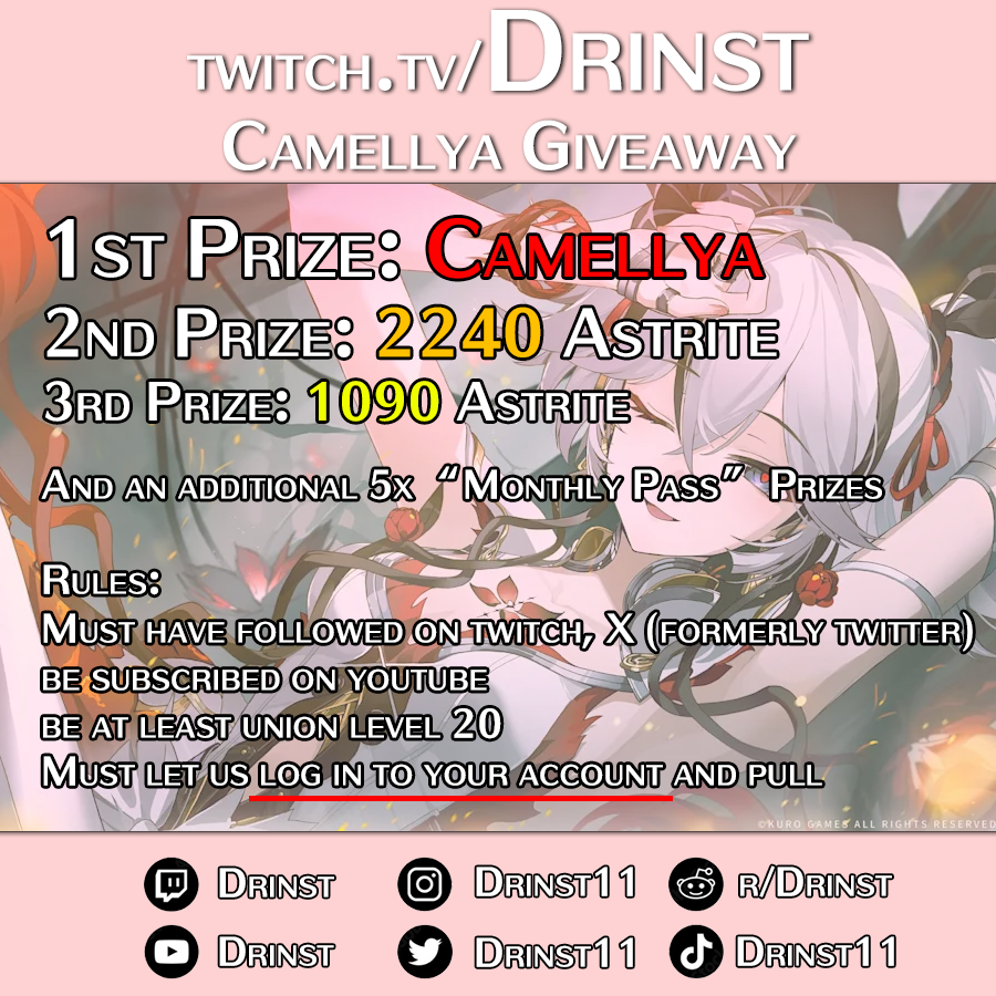 _Drinst's tweet photo. Our Camellya giveaway and cosplay - 11:00AM UTC 11th December (tomorrow!).  More details in the reply down below!  Note:  Only subscribing on youtube (free) and following on X (twitter) or twitch are required for socials. https://t.co/NpG4exLkpJ