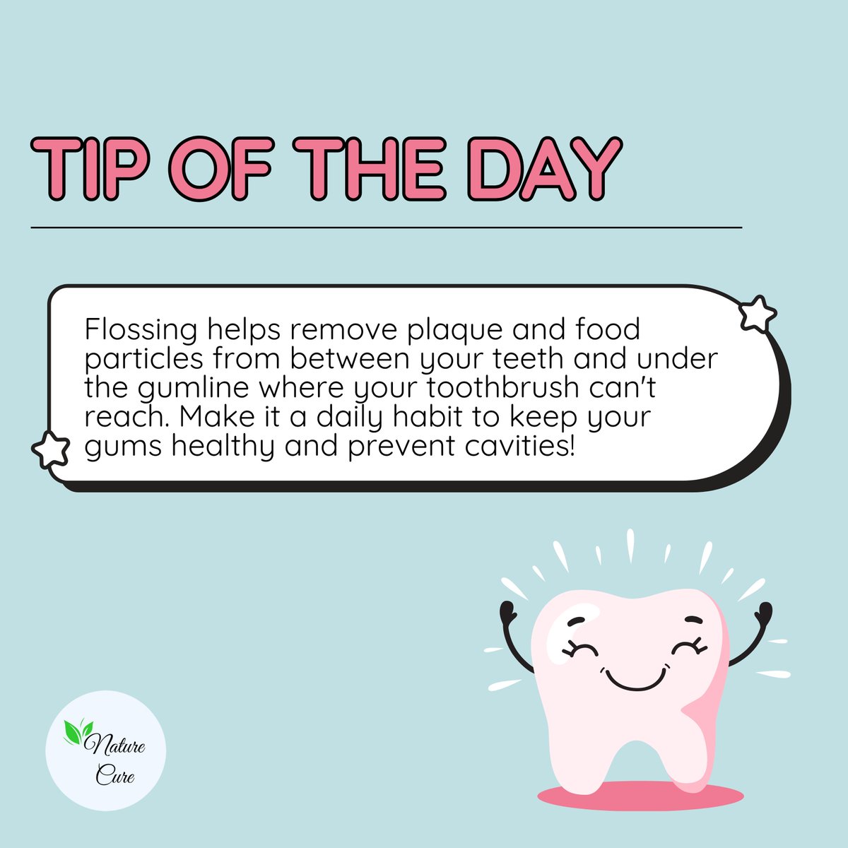 NatureCure7's tweet photo. 🦷✨ Tip of the Day: Don’t skip flossing! ✨🦷
Flossing removes hidden plaque and keeps your gums healthy. Make it a daily habit for a brighter, healthier smile! 😁 #DentalCare #FlossDaily #HealthyHabits https://t.co/s8CWLeMGme
