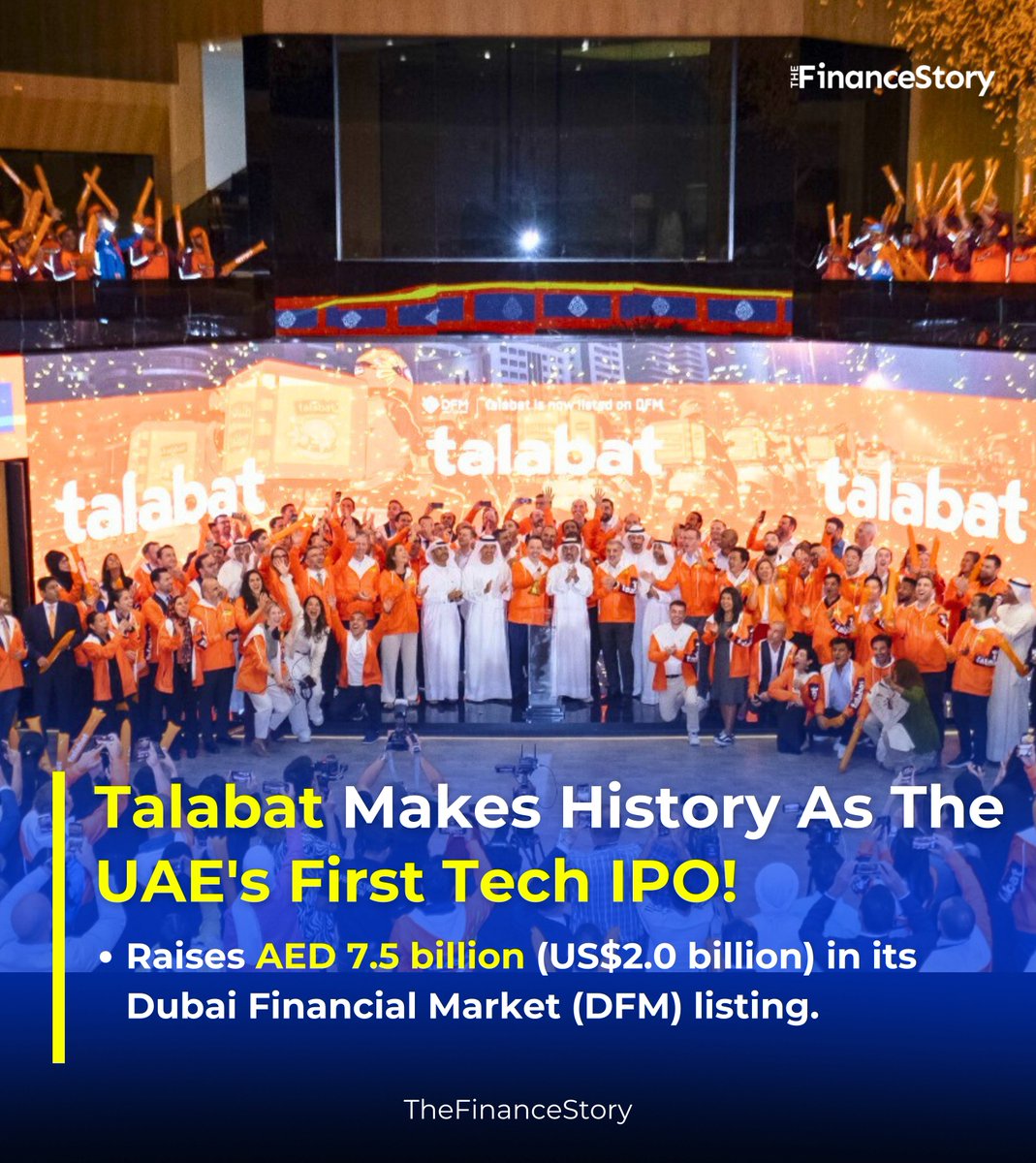 🎉 talabat becomes the UAE's first tech IPO &amp; the Gulf’s largest IPO of 2024!

📈 Dec '24: Talabat makes its debut on the Dubai Financial Market

💰 Raises AED 7.5 billion (USD 2 billion)

#initialpublicoffering #uae #techstartup