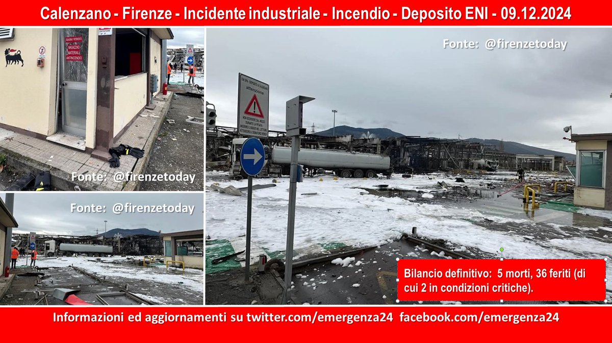 Emergenza24's tweet photo. UPDATE [10.12-13:00] #Calenzano #Firenze #IncidenteIndustriale #Incendio (09.12.) deposito #ENI
Bilancio definitivo: 5 morti, 36 #feriti (di cui 2 gravemente), nessun #disperso.
Informazioni e aggiornamenti: https://t.co/PwZUX8rdeu https://t.co/aUCwtJRM8x