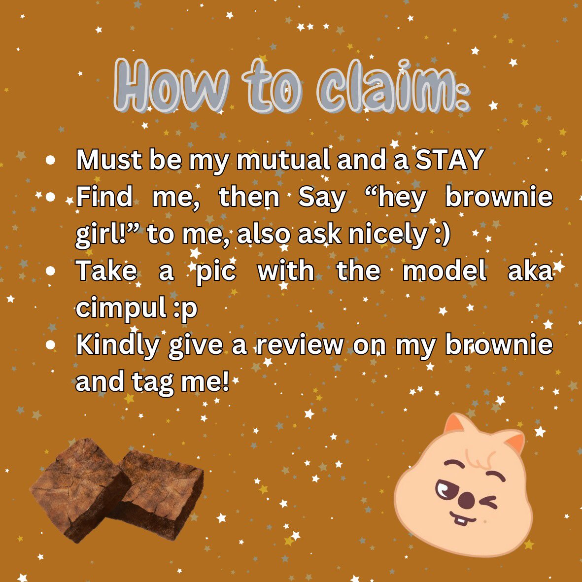 STRAY KIDS DOMINATE IN JAKARTA
fudge brownies for mutuals by @_doolssetnettt 

*suuper limited quantity (around 30 only!)

- Must follow all how to claim to get the brownies!

📍Indonesia Arena 
🗓️December 21st, 2024
⏰ TBA (probably around 12-1 pm)