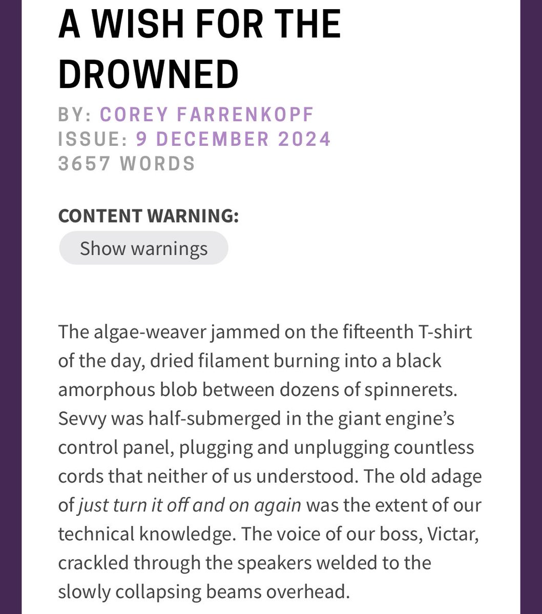 I’m so insanely excited to have a story out in <a href="/strangehorizons/">Strange Horizons</a> !!! Check out my Weird Water Deity/Waterlogged Post-Apocalyptic Love Story, A Wish for the Drowned, over on their site!!! 

strangehorizons.com/fiction/a-wish…