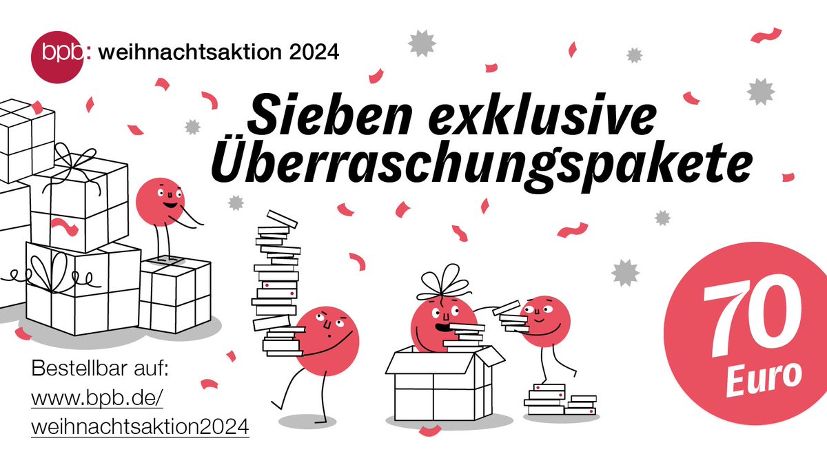 Suchen Sie noch ein #Weihnachtsgeschenk? Unsere bpb:weihnachtsaktion
ist ab sofort verfügbar! Für 70 € erhalten Sie im nächsten Jahr sieben spannende Buchpakete mit Hintergrundwissen zu aktuellen Themen: 
bpb.de/weihnachtsakti…