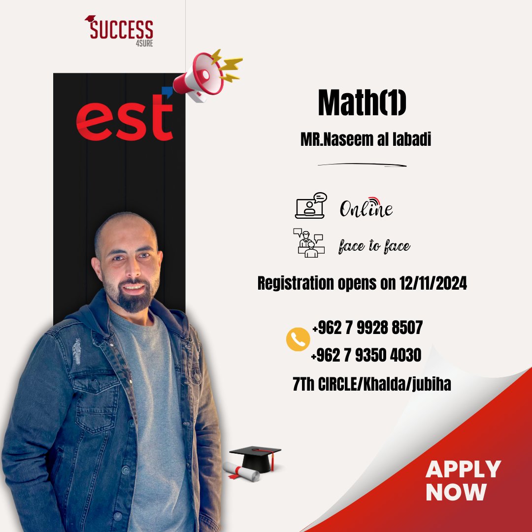 Success4surejo's tweet photo. Get ready to excel in your studies with our top-notch Online and Face-to-Face classes starting 12/11/2024! 
Join us at 7th Circle, Khalda/Jubaiha, or from the comfort of your home! 📍
Contact us now to register and secure your spot!

👉 Call: +962 7 9928 8507 / +962 7 9350 4030 https://t.co/8E9Oe0dVZo