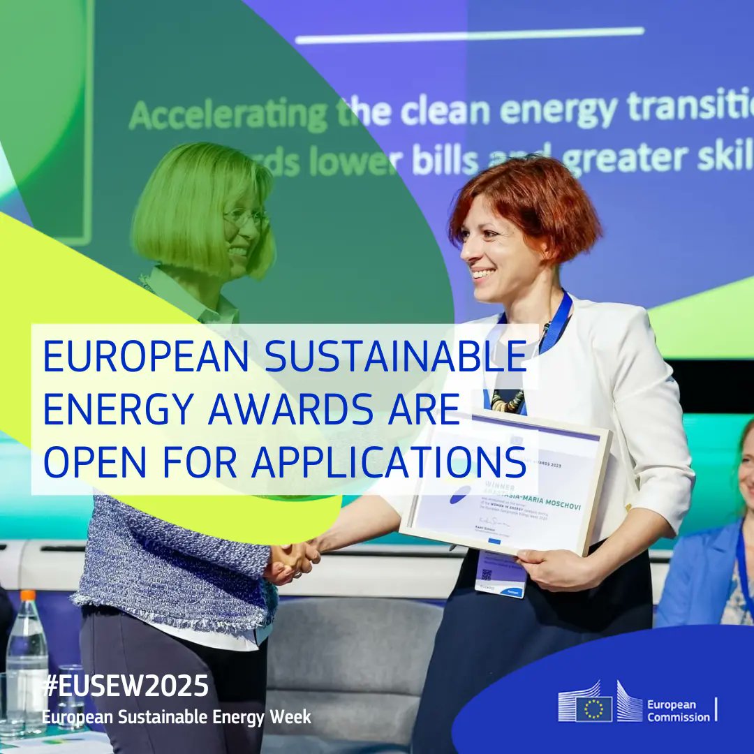 🏅 The European Sustainable Energy Awards are open for application!

Is your #CommunityEnergy project making a difference?  

Apply under one of these categories:
💡Innovation
⚡️Local energy action
♀️ Woman in energy

🔗 bit.ly/3OLGC8K

#EUSEW2025