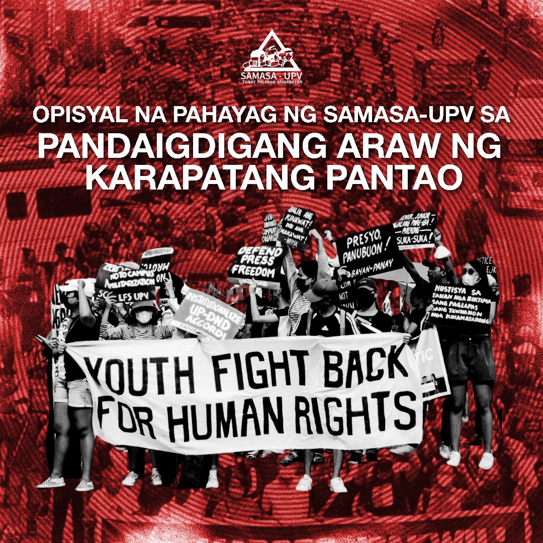 Opisyal na Pahayag ng SAMASA-UPV sa Pandaigdigang Araw ng Karapatang Pantao

Basahin ang buong pahayag: facebook.com/share/p/wPx9N2…

KARAPATANG PANTAO, IPAGLABAN! MARCOS SINGILIN! DUTERTE PANAGUTIN!

#InternationalHumanRightsDay
#IHRD2024
#MarcosSuktonDutertePasabton