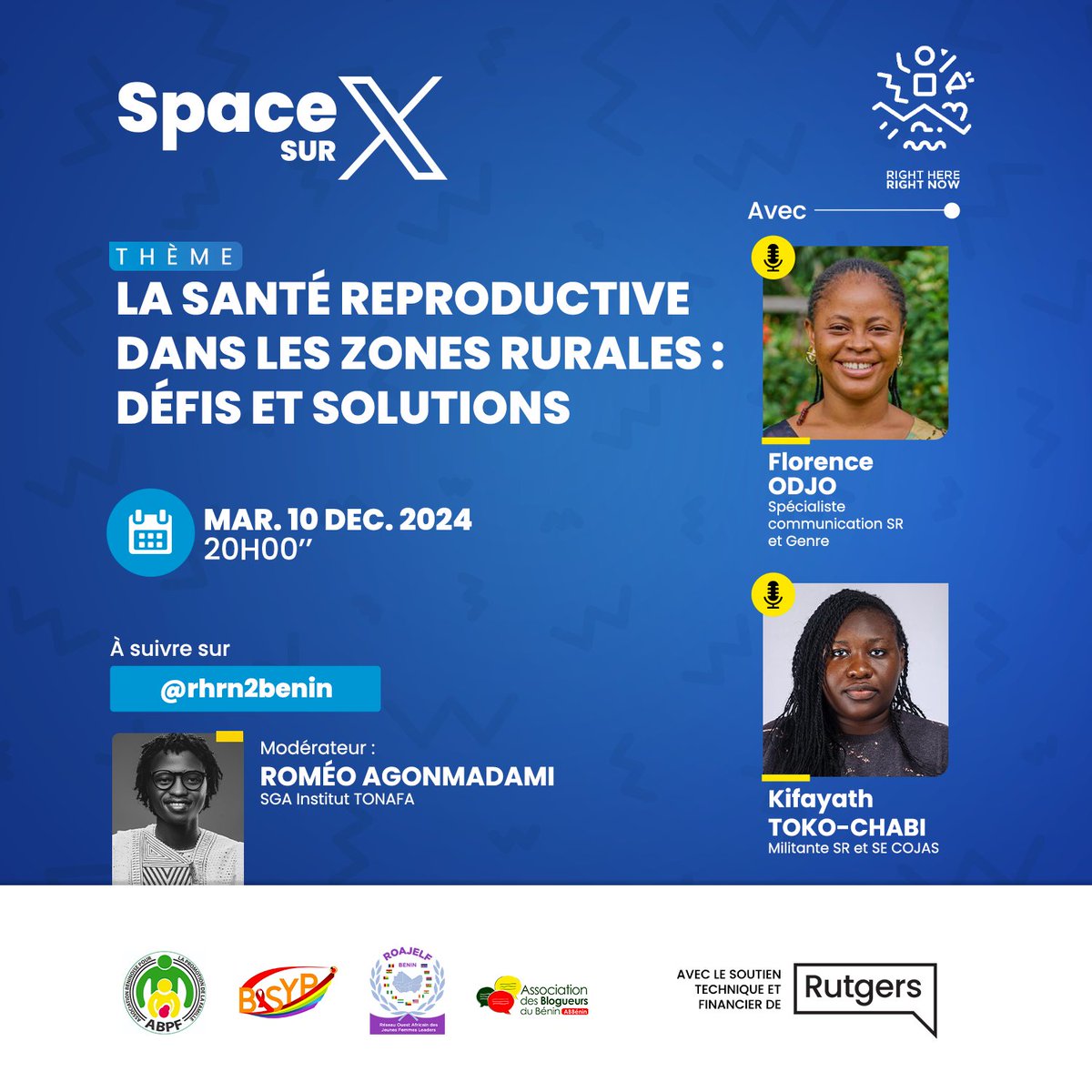 Ce mardi, on parle de santé reproductive en milieu rural ! 

Rejoignez-nous ce soir à 20h pour un Space exclusif sur "La santé reproductive dans les zones rurales : défis et solutions", un sujet essentiel qui impacte des millions de vies. 

Avec nos expertes <a href="/florence_odjo/">ODJO Edéladjo Florence</a>,