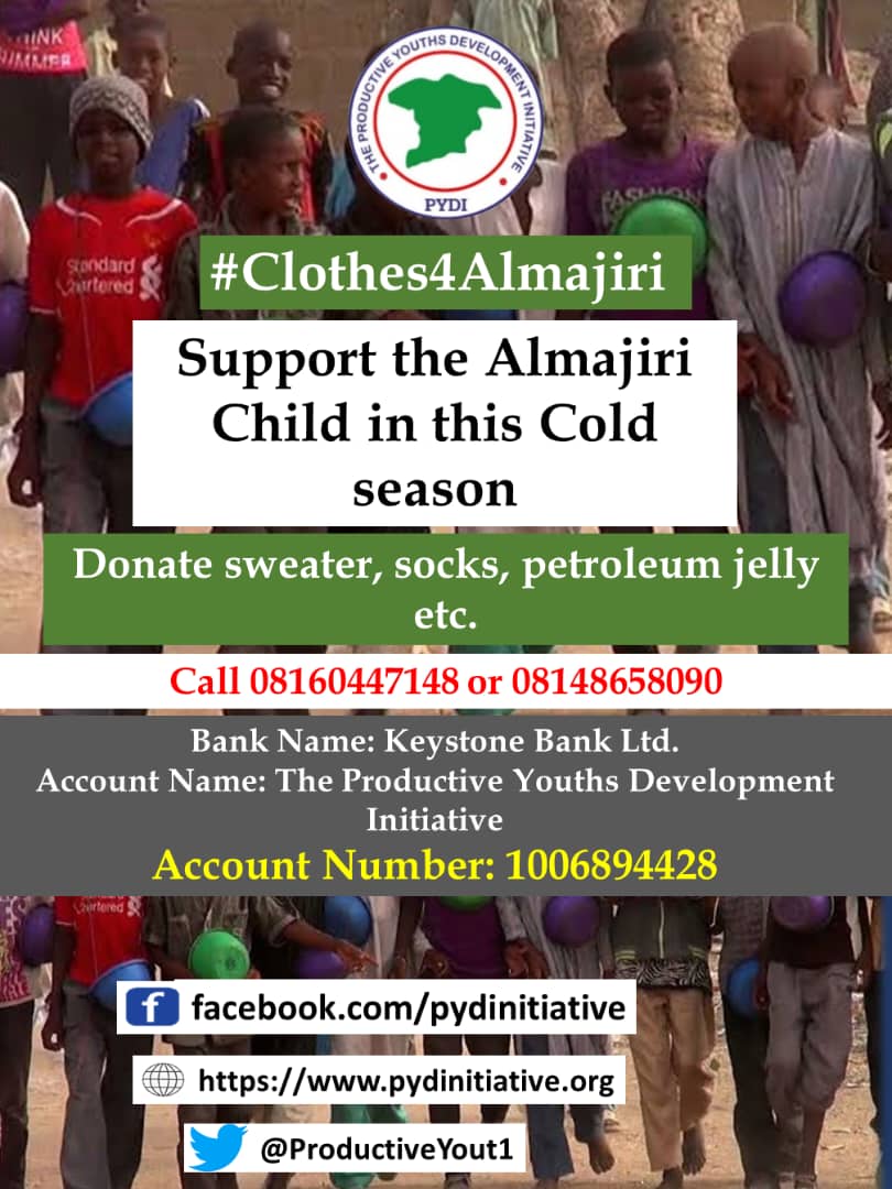ProductiveYouths (@productiveyout1) on Twitter photo #Clothes4Almajiri
Every year we mobilize resources and materials to support the #Almajiri with clothes, sweaters,socks, petroleum jelly etc to keep them warm in this cold season.
<a href="/Jamiluyunusa3/">Jamil Yunusaππ³π¬π</a> <a href="/opportunitiesfy/">OPPORTUNITIES FOR YOUTH</a> <a href="/UNYouthAffairs/">UN Youth Office</a> <a href="/UNICEF_Nigeria/">UNICEF Nigeria</a> <a href="/SavetheChildren/">Save the Children US</a> <a href="/Auwal_online/">Auwal Ahmed Musa</a> #Clothes4Almajiri
Every year we mobilize resources and materials to support the #Almajiri with clothes, sweaters,socks, petroleum jelly etc to keep them warm in this cold season.
<a href="/Jamiluyunusa3/">Jamil Yunusaππ³π¬π</a> <a href="/opportunitiesfy/">OPPORTUNITIES FOR YOUTH</a> <a href="/UNYouthAffairs/">UN Youth Office</a> <a href="/UNICEF_Nigeria/">UNICEF Nigeria</a> <a href="/SavetheChildren/">Save the Children US</a> <a href="/Auwal_online/">Auwal Ahmed Musa</a>