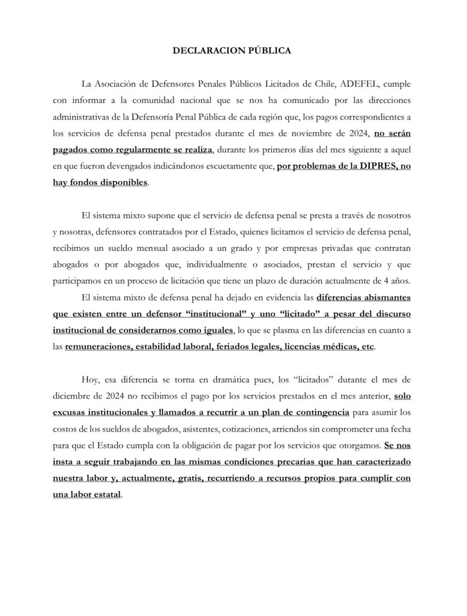 adefelchile's tweet photo. 🚨DEFENSORES PENALES PUBLICOS LICITADOS A NIVEL NACIONAL EN REFLEXIÓN

Dejamos nuestra declaración pública frente a la información entregada por la @DPP_CL respecto a la inexistencia de fondos para pago de remuneraciones. https://t.co/OS84w9aORx