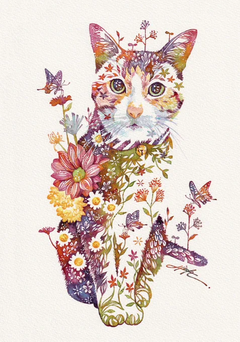 オヤツまだ?#猫 #花 #cat #flower #水彩 