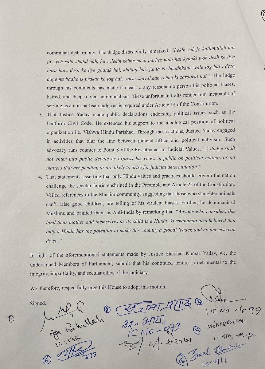 RuhullahMehdi's tweet photo. I am moving impeachment motion in the Parliament in accordance with Art 124(4) of the constitution for the removal of this Justice namely Shekhar K Yadav, a sitting Judge in Hon’ble High Court of Judicature at Allahabad on the charges mentioned in the notice.
I need signatures of 100 members to move this motion. More than 7 members including @asadowaisi sahab, Shri Rajkumar Roat Hon’ble MP from Rajasthan, Shri Sudhama Prasad ji Hon’ble MP from Bihar, Jinab Mohibbullah Sahab Hon’ble MP from U.P and Jinab Ziau Rahman sahab, Hon’ble MP from U.P signed it and I thank them for their support and signatures.
I also talked with the members from @INCIndia , @samajwadiparty , @arivalayam and @AITCofficial who assured me that they will sign and support the motion after consultation with their respective party leaderships. I am hopeful that they will support this motion because these are the parties who believe in the idea of India and it Principles and Values.