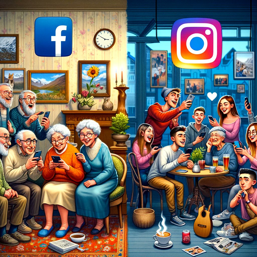 Southpowok's tweet image. 📱💬 Bridging the generational gap! On one side, it&apos;s family reunions and recipe sharing 📖👨‍👩‍👧‍👦; on the other, it&apos;s reels, filters, and viral challenges 🎥✨. Facebook vs. Instagram—a tale of two worlds! Which side do you belong to? 🤔⬇️ #GenerationalGap #SocialMediaHumor