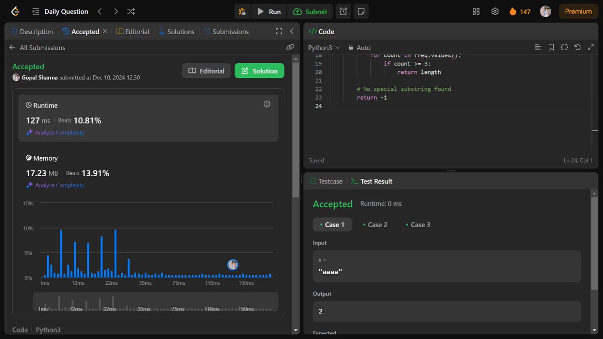 Gopal_gpt's tweet photo. π Day 82 of #100DaysLeetCode π
Today, I solved the Find Longest Special Substring That Occurs Thrice I problem on LeetCode! π
π Key Stats:
β¦Ώ Runtime: 127 ms (Beats 10.81% π)
π Check out my LeetCode profile: https://t.co/BaDhswLds5
#LeetCode #Python #GopalSharma #Coding https://t.co/bkZNv3j1JS