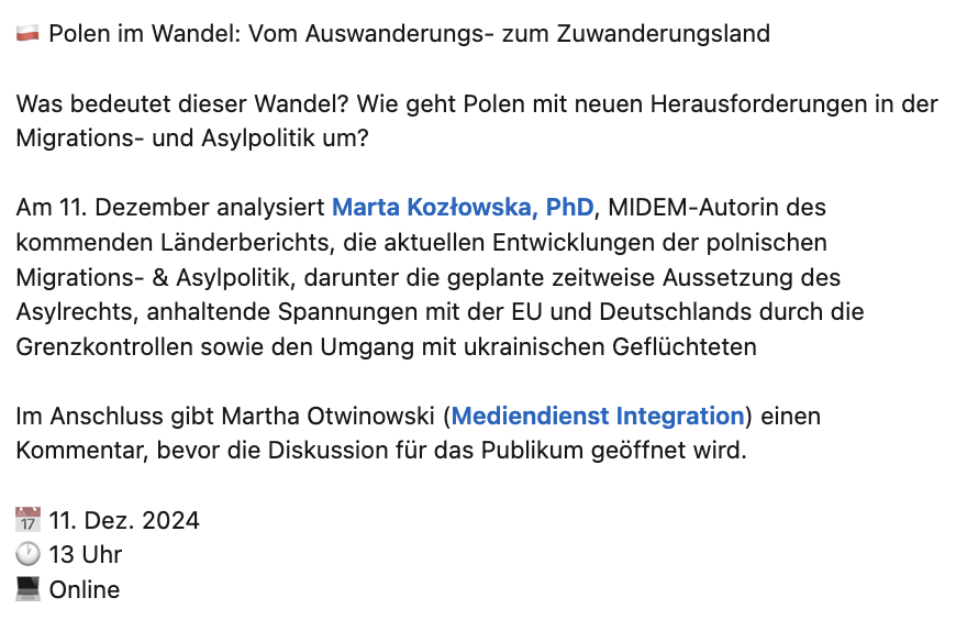 Mediendienst Integration (@mdintegration) on Twitter photo 🆕+📅 Neue <a href="/ForumMIDEM/">Forum MIDEM</a> Studie: #Polen als Einwanderungsland.
Vorstellung & Diskussion: Mittwoch 11.12.
🕐 13 Uhr
💻 Online
👉 Anmeldung: lnkd.in/gP7CK7Yk
Seit 1 Jahr regiert in Polen Tusks liberal-zentrisches Bündnis. Wo steht das Land aktuell in Sachen #Migration? 🆕+📅 Neue <a href="/ForumMIDEM/">Forum MIDEM</a> Studie: #Polen als Einwanderungsland.
Vorstellung & Diskussion: Mittwoch 11.12.
🕐 13 Uhr
💻 Online
👉 Anmeldung: lnkd.in/gP7CK7Yk
Seit 1 Jahr regiert in Polen Tusks liberal-zentrisches Bündnis. Wo steht das Land aktuell in Sachen #Migration?