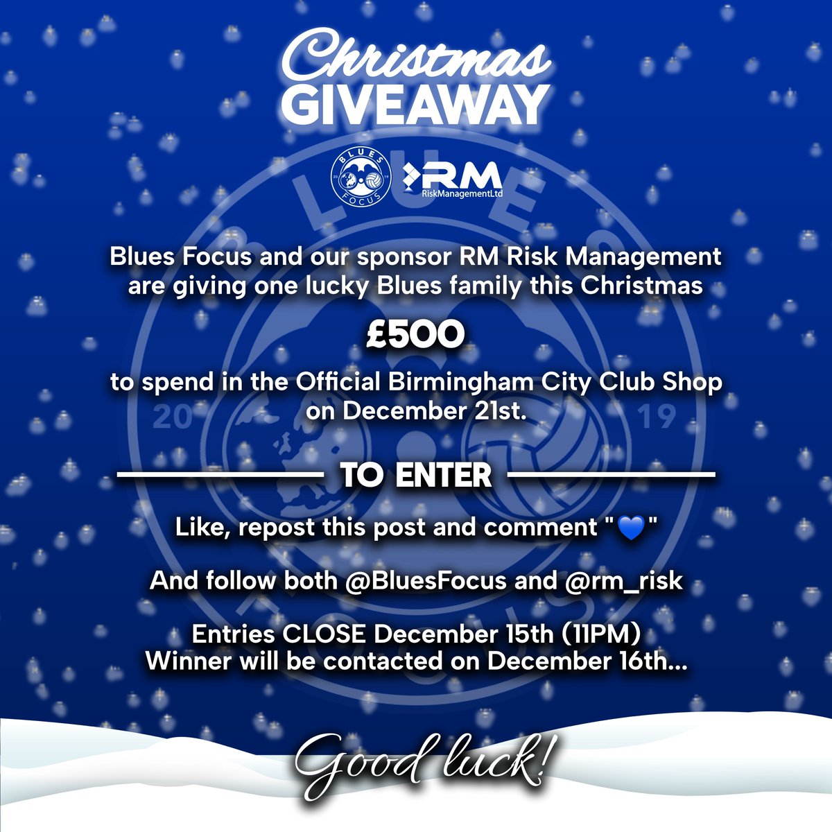 CHRISTMAS GIVEAWAY 🎄🔵⚪️

Blues Focus and our sponsor RM Risk Management are giving one lucky Blues family this Christmas £500 to spend in the official Birmingham City club shop on December 21st. 

TO ENTER: Like, repost this post and comment "💙" and follow both <a href="/blues_focus/">BluesFocus</a>