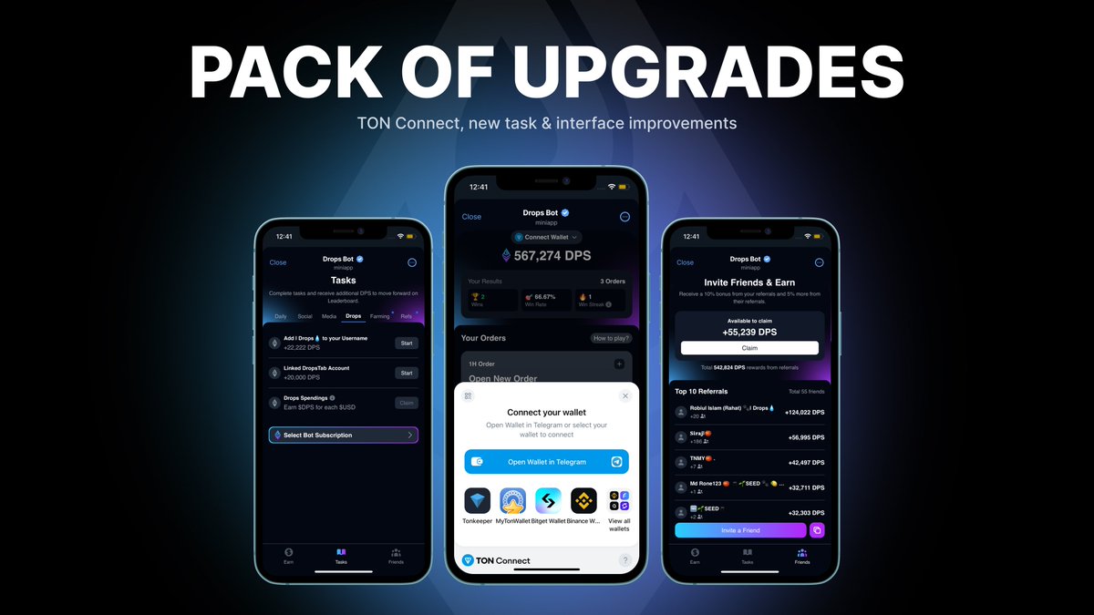 🆕 New Features in the Mini-App

💎 Ton Connect
You can now link your wallet using Ton Connect. Wondering why? More details coming soon!

🎯 New Task
Bind you DropsTab account and enjoy 20,000 $DPS rewards.

🔄 Interface Improvements
We’ve refined the interface: fixed chart bugs