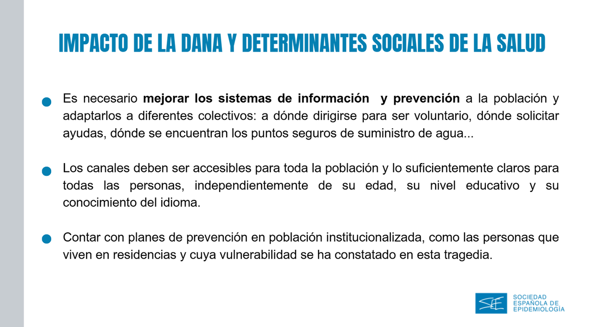 La población vulnerable está sufriendo especialmente los efectos de la DANA de Valencia. Es esencial que las intervenciones que se lleven a cabo tengan en cuenta los determinantes sociales de la salud y garanticen que la información llega de forma clara a todos los colectivos👇