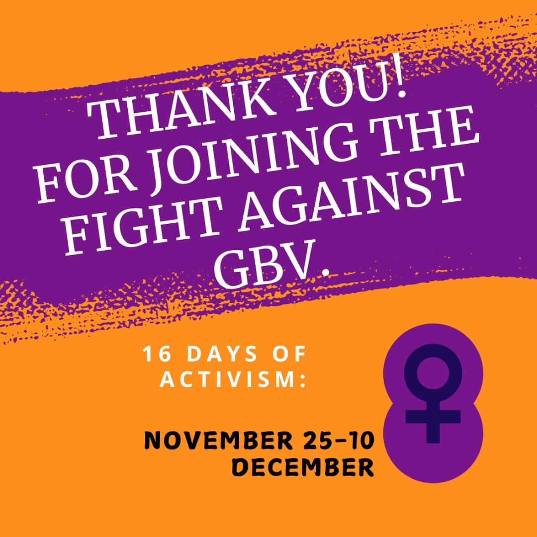 As we conclude our 16 Days of Activism Against GBV campaign, we want to thank each and every one of you for joining us in this fight. Let's continue to stand together and create a world free from GBV. #16DaysOfActivism #GBV #EndViolenceAgainstWomen