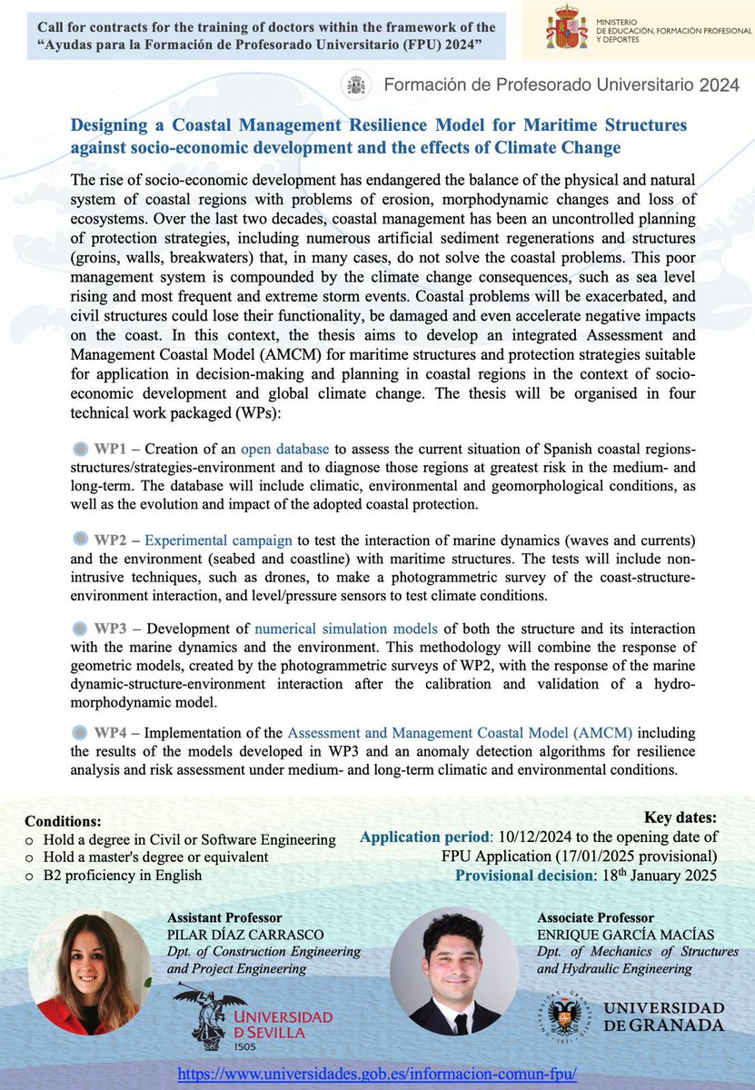 Pilar_gdfa's tweet photo. 🎓 📢 Join the Challenge of Digital Management of Maritime Structures! 

Are you passionate about structural maintenance and coastal engineering? We invite outstanding candidates to apply for an FPU – 2024  “Ayudas para la Formación del Profesorado Universitario” https://t.co/Rnqduvilgw