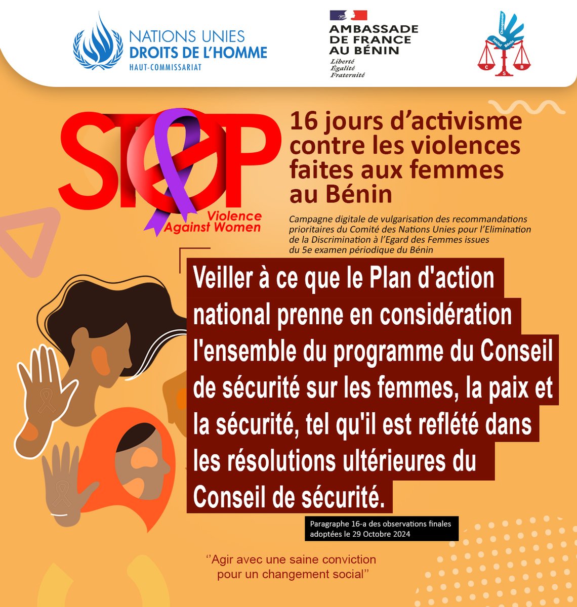 Pour un plan d'action efficace :Veillons à ce que le Plan d'action national inclue le programme du Conseil de sécurité sur les femmes, la paix et la sécurité, comme le stipulent ses résolutions. #16JoursdActivisme
<a href="/gouvbenin/">Gouvernement du Bénin 🇧🇯</a> <a href="/AmbCanBFA/">AmbCanBFA</a> @oxfam <a href="/assemblee_benin/">Assemblée nationale du Bénin</a> <a href="/ISHRglobal/">ISHR</a> <a href="/ISHR_fr/">ISHR en français</a>