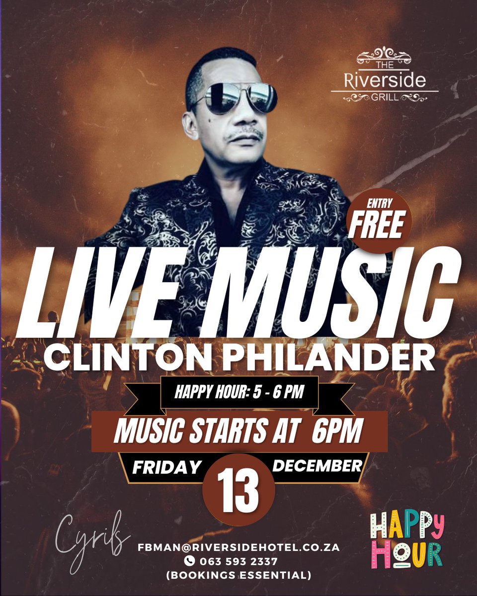 Join us this Friday the 13th for live music with the amazing Clinton Philander From 6-9pm at The Riverside Grill. Reserve your tables by contacting fbman@riversidehotel.co.za or whatsapp 063 593 2337. 
#MeetatTheRiverside #riversidegrill #happyhour #livemusic #fridaymusic