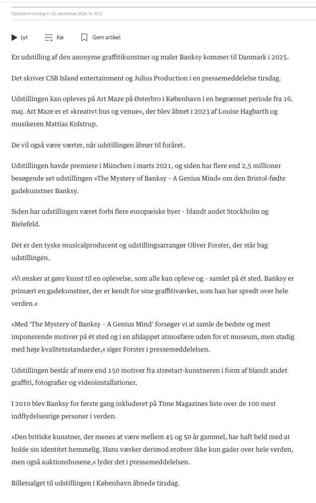 nicrossen's tweet photo. Hvordan kan lille @cphpost være den eneste i #dkmedier der har opdaget, at der *IKKE* kommer en udstilling eller værker af  #Banksy til Kbh mens mastodonter som @DRBreaking @berlingske og @tv2kosmopol flittigt beretter noget andet? Well done #CPHpost 👏

https://t.co/4tZr87tovG https://t.co/Daw58QofeU